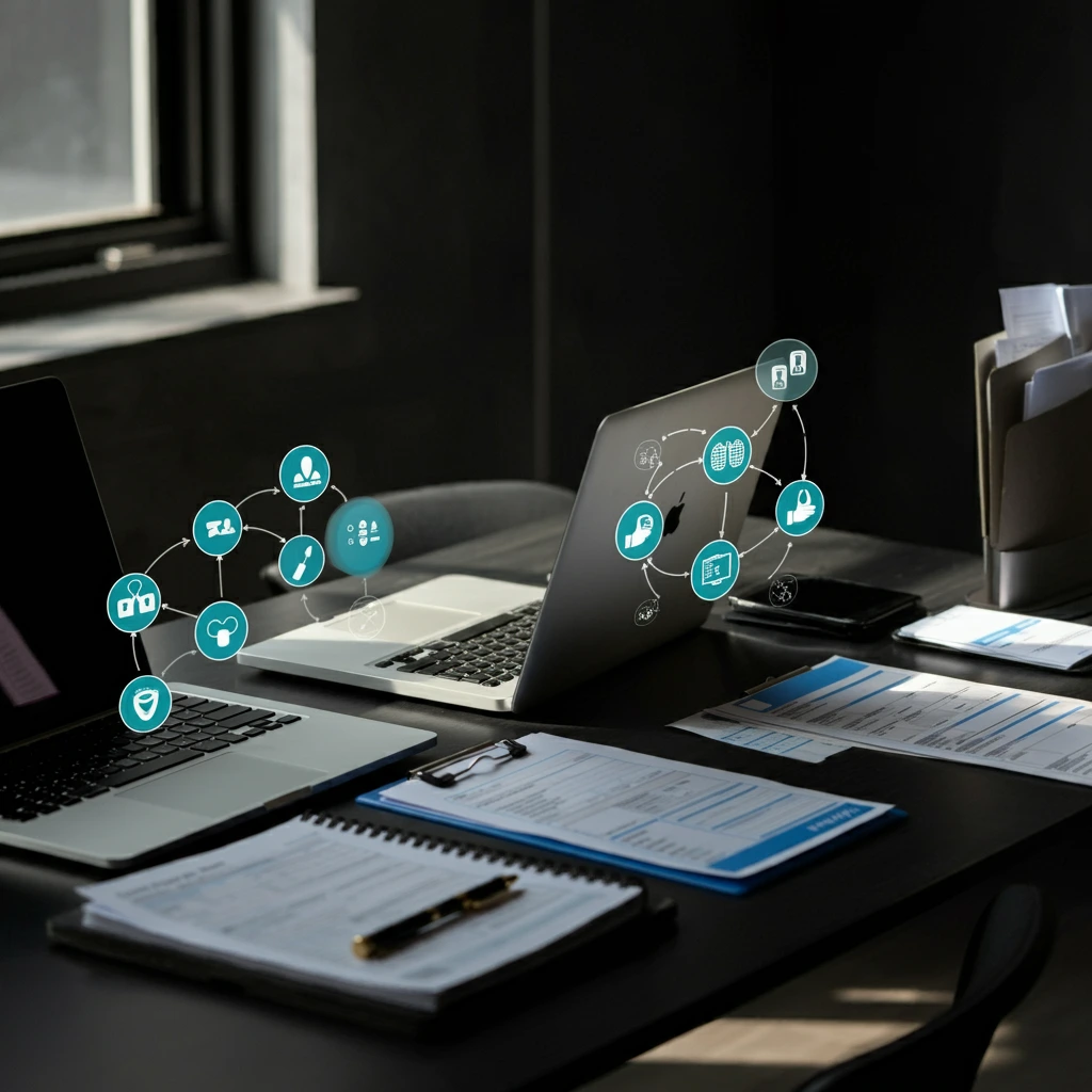 Connected Workspaces Two laptops on a desk with digital network icons overlayed