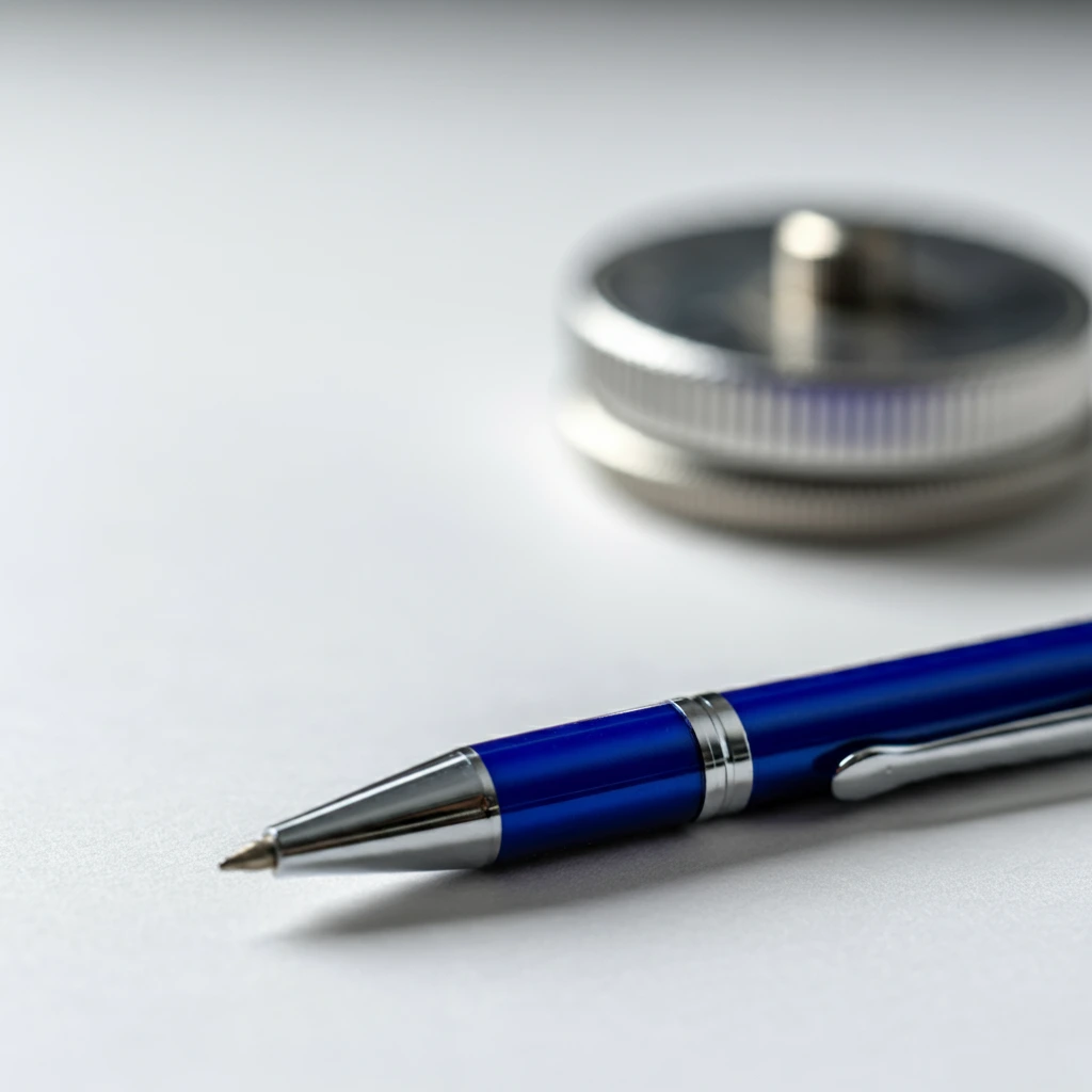Blue Pilot Evolt Pen A close-up of a blue Pilot Evolt 0.7 mm ballpoint pen lying on a white surface. A blurred silver object is in the background.