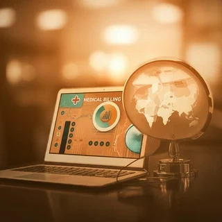 Global Medical Billing A laptop displays a Medical Billing interface with charts and data, next to a world globe, suggesting global healthcare finance.