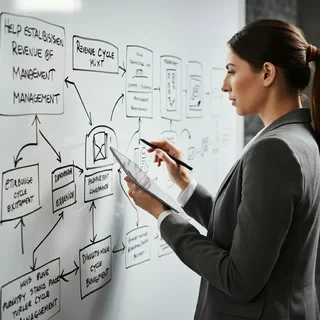 Analyzing Revenue Cycle Management A woman in a gray blazer reviews notes on a clipboard while standing in front of a whiteboard covered in a hand-drawn business process diagram titled Revenue Cycle Mgmt.